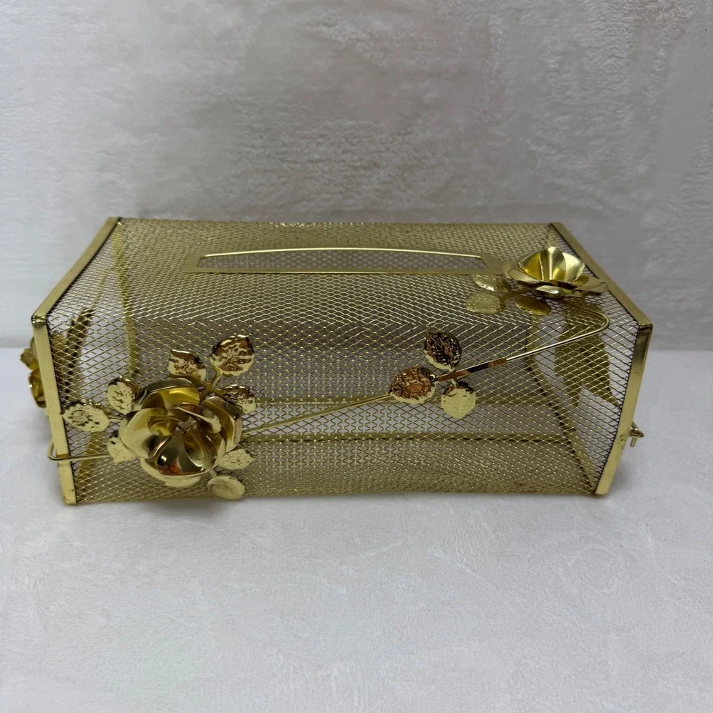 VTG Gold Tone Mesh Tissue Box‎ Cover Holder Hollywood Regency Rose Floral Metal
